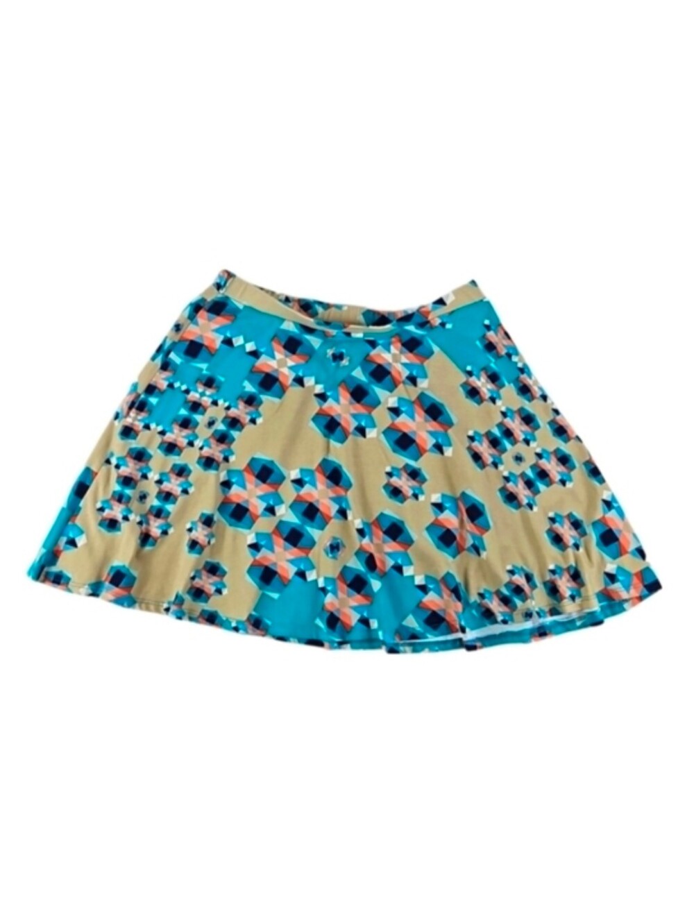 Y2K Vintage Skater Skirt in Teal and Tan Geo Print